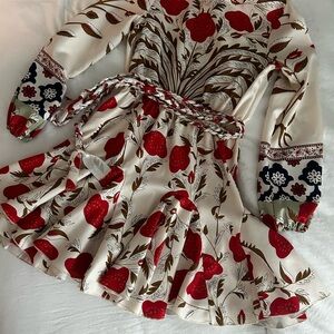 Women's Mini Dress in Cream with Red Floral Print